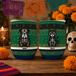 Personalized Sugar Skull Cat Dog Floral 12 oz Wine Tumbler with Name Home Decor Day of the Dead Halloween Gift for Cat Dog Owners