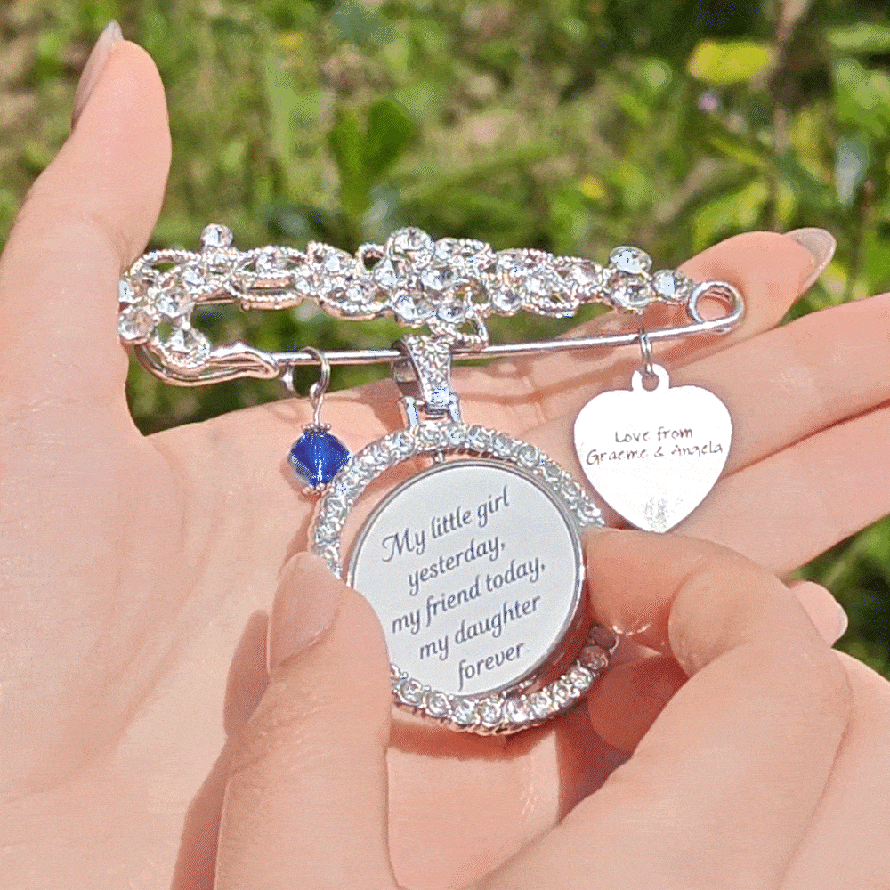 Today a Beautiful Bride Tomorrow a Loving Wife Always My Wonderful Daughter -- Personalised Engraved Bouquet Charm Blue Pin Brooch