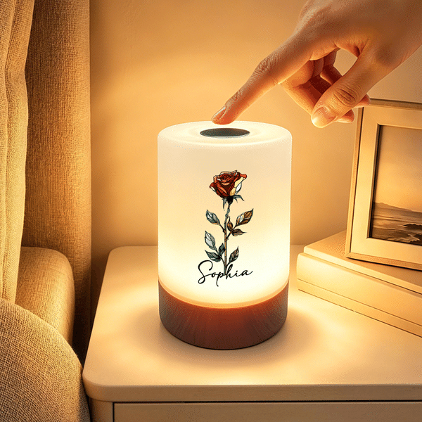 Personalized Stained Glass Style Birth Flower Dimmable Color-Changing Night Light with Name Bedroom Decor Birthday Gift for Mom Family