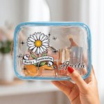 Personalized Retro Birth Flower Waterproof Clear Makeup Bag with Zipper and Name Travel Accessory Birthday Bridal Party Gift for Her