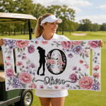 Personalised Floral Initial and Silhouette Pattern Soft Golf Cart Seat Cover with Name Golf Field Club Birthday Gift for Golfers Women