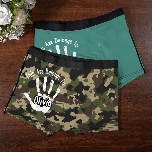 Personalized This Ass Belongs to Handprint Men's Boxer Brief with Name Anniversary Birthday Gift for Husband Boyfriend