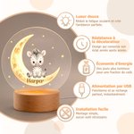 Veilleuse LED en acrylique personnalisée avec nom et motif - Motif lune et animaux cartoon - Cadeau anniversaire pour enfants et nouveau-nés