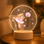 Individuell gestaltetes, niedliches LED-Nachtlicht mit Ballettbär und Geburtsblume, mit Namen und Holzsockel – Raumdekoration und Geburtstagsgeschenk für Ballettliebhaber