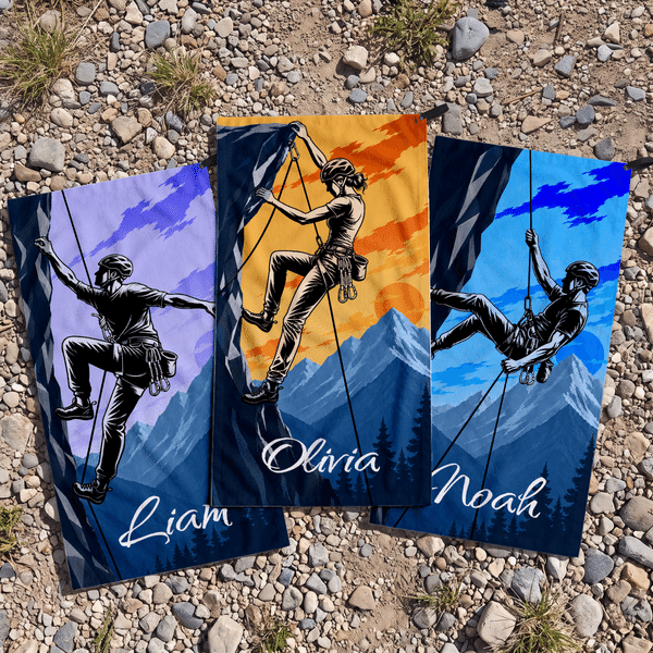 Personalised Multicolour Outdoor Rock Climbing Silhouette Super Absorbent Sports Towel with Name Birthday Gift for Rock Climbing Lover