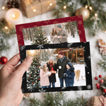 Biglietto di auguri personalizzato con foto di un omino di pan di zenzero e un albero di Natale, con testo: regalo di Natale e Capodanno per la famiglia e gli amici