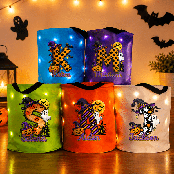 Personalised Witch Hat Bat Ghost Pumpkin Style Reusable LED Light Bag with Name and Initial Halloween Trick or Treat Gift for Kids