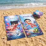 Toalla de playa personalizada de microfibra secado rápido con personaje animado 3D y nombre regalo de cumpleaños y playa para niños y adultos