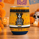 Personalized Sugar Skull Cat Dog Floral 12 oz Wine Tumbler with Name Home Decor Day of the Dead Halloween Gift for Cat Dog Owners