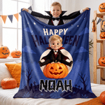 Manta suave con diseño personalizado con efecto 3D: simpático personaje de bruja vampiro, con foto y nombre. Decoración para el hogar. Regalo para fiestas de Halloween para niños y niñas.