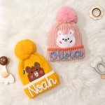 Personalised Cute Fantasy Unicorn Dinosaur Warm Soft Knit Pom Pom Beanie with Name Winter Birthday Gift for Kids
