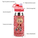 Botella de agua infantil personalizada de tritan con personaje de dibujos animados y nombre regalo de cumpleaños y vuelta al cole para niños niñas