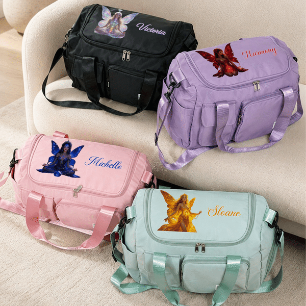 Sac de week-end personnalisé avec fée et pierres de naissance, sept chakras, multiples compartiments, nom et bandoulière – Idéal pour un usage quotidien et les voyages – Cadeau d'anniversaire pour fem