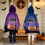 Couverture à capuche personnalisée sur le thème d'Halloween, multicolore, avec citrouille, chauve-souris et fantôme, avec prénom – Décoration d'intérieur et cadeau pour une fête d'Halloween, pour garç
