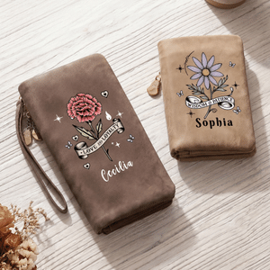 Cartera plegable en tres partes de piel sintética PU con flor del mes de nacimiento personalizada y nombre: regalo de cumpleaños o aniversario para mujer o novia