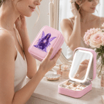 Personalized Birthstone Fairy PU Leather Jewelry Box with Name and LED Three-Color Adjustable Makeup Mirror Birthday Gift for Women Girls