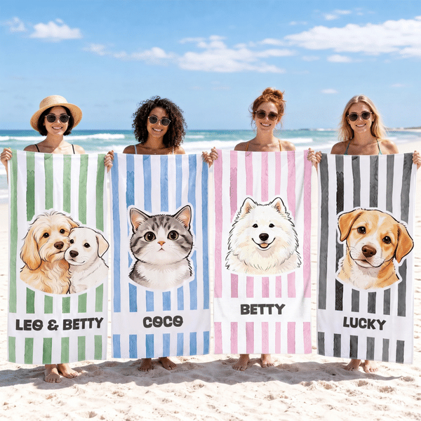 Telo da mare oversize personalizzato con foto del proprio animale domestico, a righe, morbido e ad asciugatura rapida, con nome: indispensabile per le vacanze estive e le feste in spiaggia, regalo di 