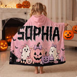 Couverture à capuche personnalisée sur le thème d'Halloween, multicolore, avec citrouille, chauve-souris et fantôme, avec prénom – Décoration d'intérieur et cadeau pour une fête d'Halloween, pour garç
