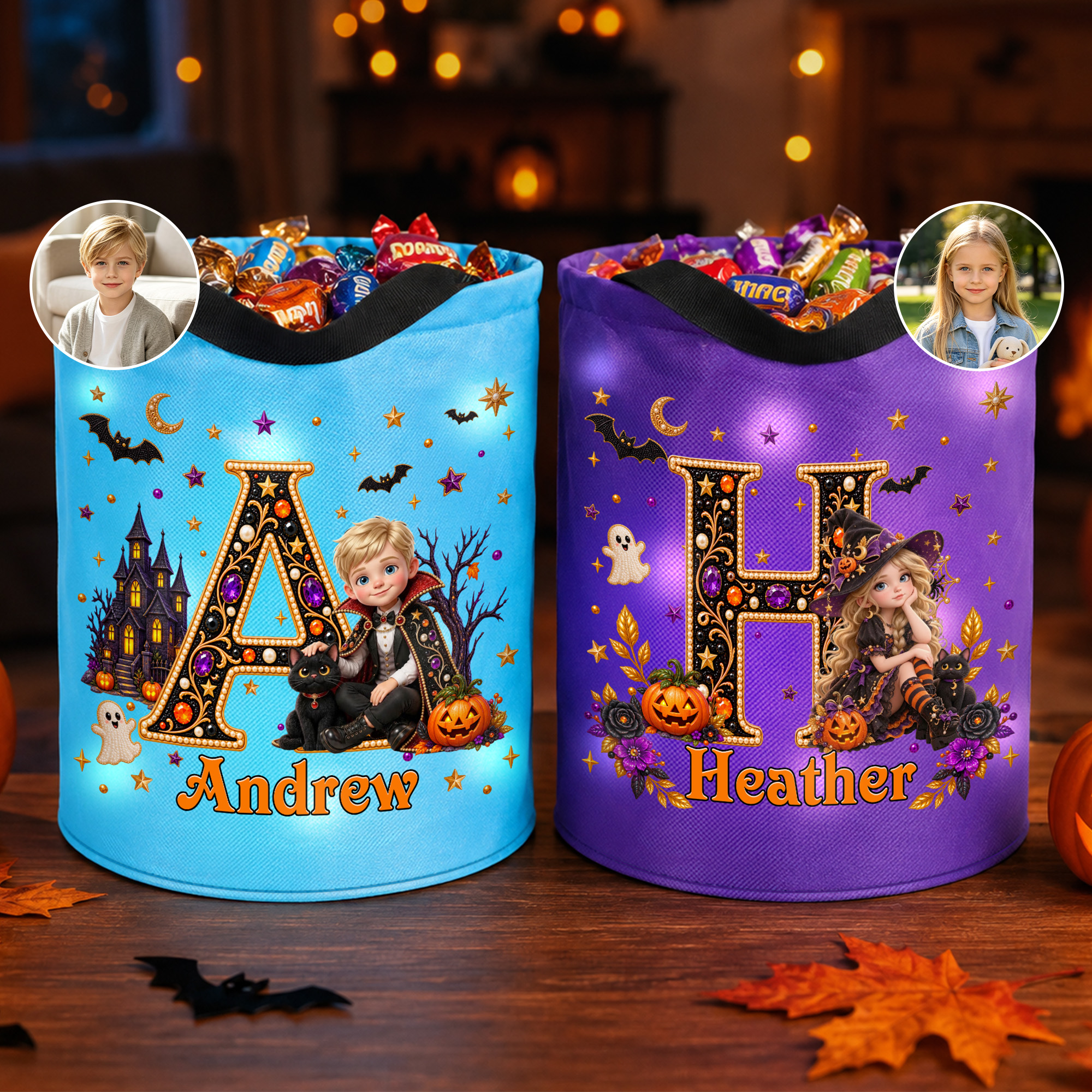 Individuell gestaltete LED-Lichttasche mit 3D-Effekt, Hexen- und Vampir-Motiv, Cartoon-Foto, mit Namen und Initialen – Halloween-Geschenk („Süßes oder Saures“) für Mädchen und Jungen
