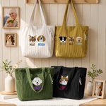 Personalised Embroidery Design Large Capacity Corduroy Tote Bag with 1-3 Pet Face Photos and Names Daily Use Birthday Gift for Pet Owners