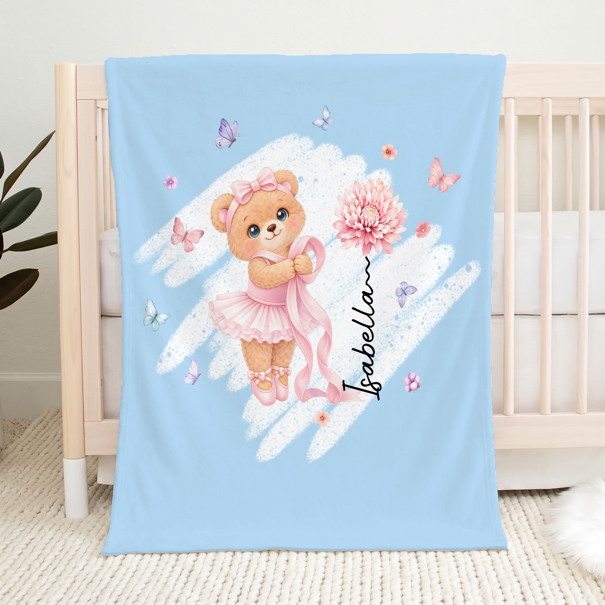 Individuell gestaltete, niedliche Ballett-Bär- und Geburtsblumen-Decke in bunten Farben mit Namen – Wohnaccessoire, Geburtstags- und Weihnachtsgeschenk für Ballettliebhaber und Tänzer