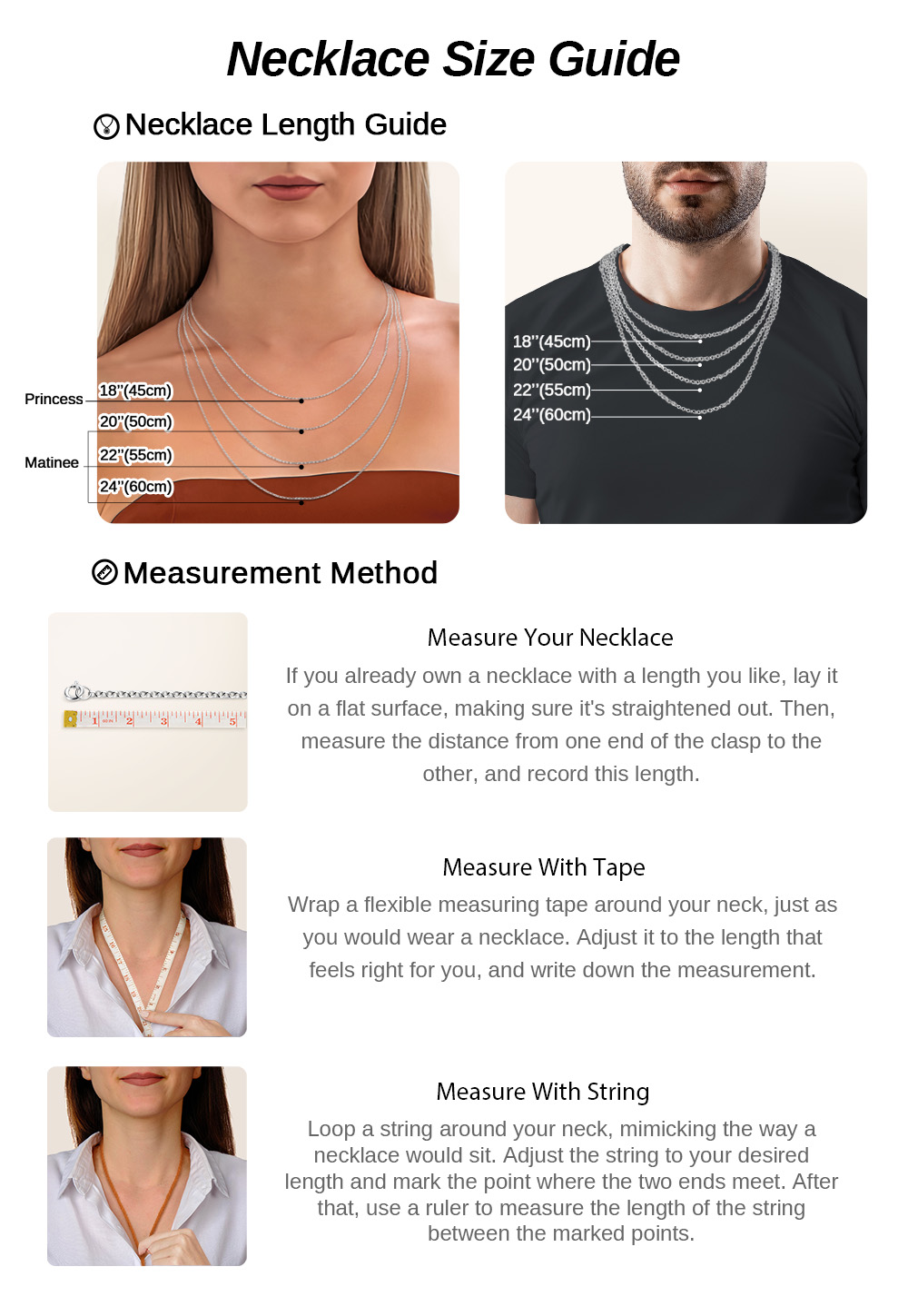 Necklace size chart and chain length guide