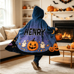 Couverture à capuche personnalisée sur le thème d'Halloween, multicolore, avec citrouille, chauve-souris et fantôme, avec prénom – Décoration d'intérieur et cadeau pour une fête d'Halloween, pour garç
