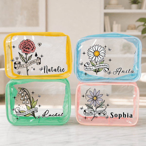 Personalized Retro Birth Flower Waterproof Clear Makeup Bag with Zipper and Name Travel Accessory Birthday Bridal Party Gift for Her