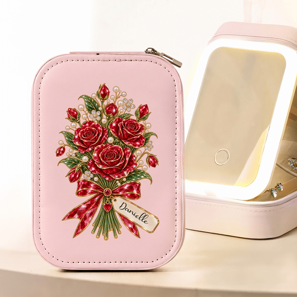 Personalized Birth Flower PU Leather Jewelry Box with Name and LED Three‑Color Mirror Bridal Shower Birthday Gift for Brides Bridesmaids