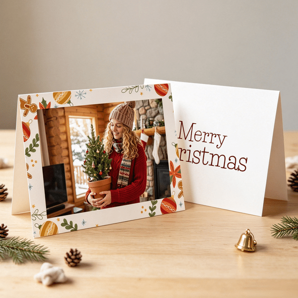 Biglietto di auguri personalizzato con foto di un omino di pan di zenzero e un albero di Natale, con testo: regalo di Natale e Capodanno per la famiglia e gli amici