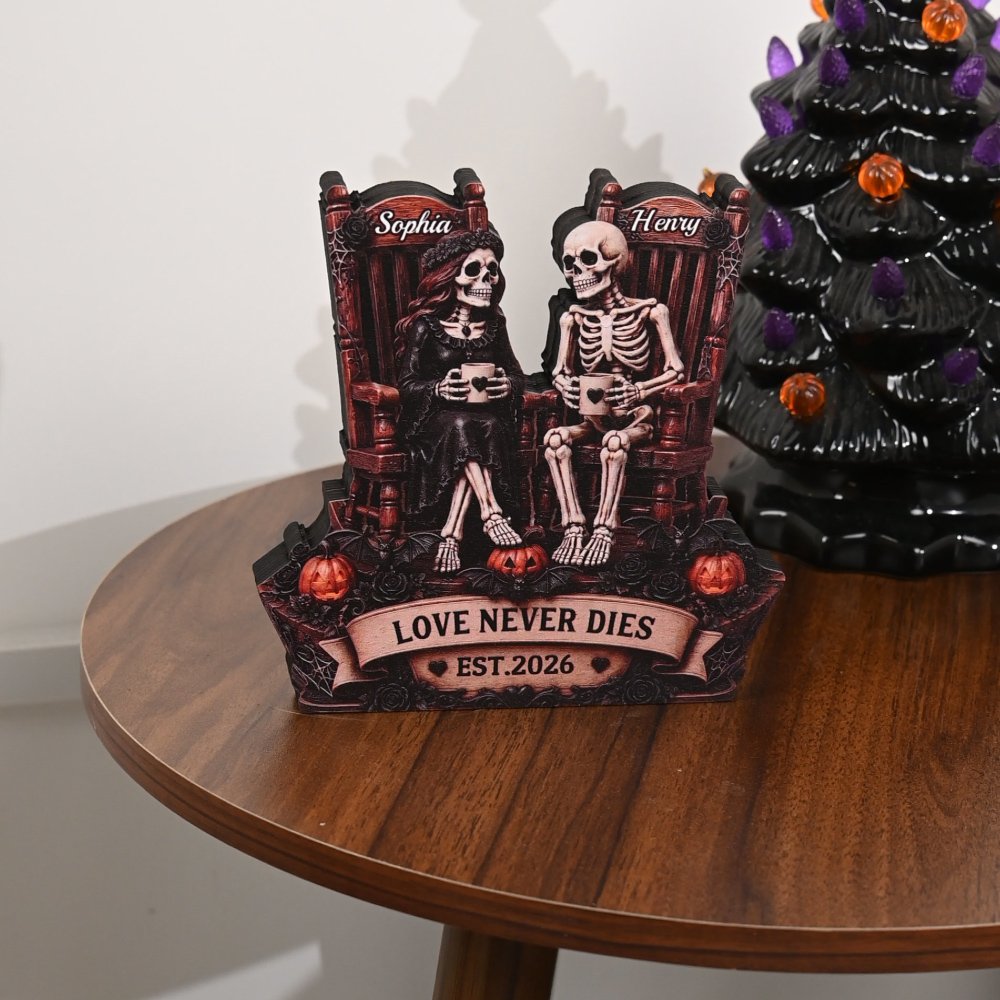 Personalised Rocking Chair Skeleton Couple Love Never Dies Wooden Figurine with Name and Text Halloween Wedding Anniversary Gift for Couple 3