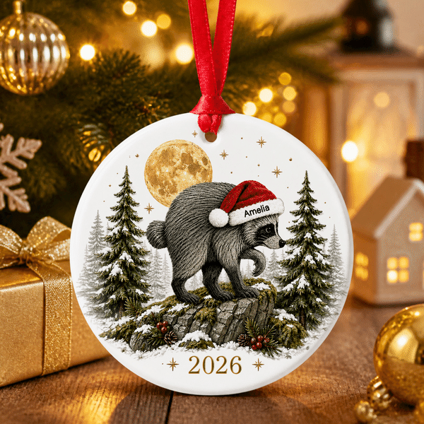 Décoration de Noël personnalisée en forme de raton laveur, ronde, avec prénom et année – Décoration d'intérieur, cadeau de Noël pour la famille et les amis