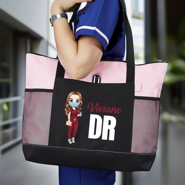 Sac tote personnalisé avec personnage de dessin animé nom et titre - Cadeau de Semaine des infirmiers pour les personnels soignants