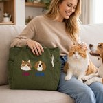 Personalised Embroidery Design Large Capacity Corduroy Tote Bag with 1-3 Pet Face Photos and Names Daily Use Birthday Gift for Pet Owners