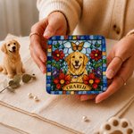 Ciotolina in ceramica personalizzata per gioielli, a forma di cerchio o quadrato, con foto del proprio animale domestico in stile vetrata colorata, motivo floreale e farfalla, con nome, ideale come re