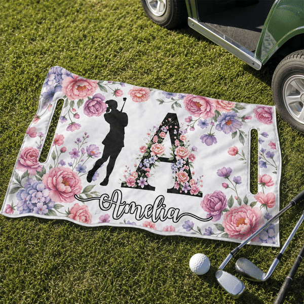 Personalised Floral Initial and Silhouette Pattern Soft Golf Cart Seat Cover with Name Golf Field Club Birthday Gift for Golfers Women