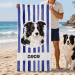Telo da mare oversize personalizzato con foto del proprio animale domestico, a righe, morbido e ad asciugatura rapida, con nome: indispensabile per le vacanze estive e le feste in spiaggia, regalo di 