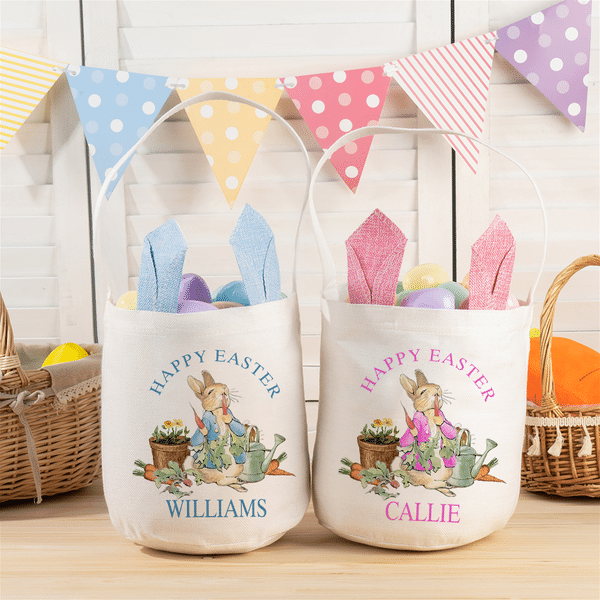 Personalised Classic Peter Rabbit Happy Easter Ears Bucket Bag Egg Hunt Basket with Name Easter Birthday Party Favors Gift for Kids