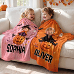 Manta suave con diseño personalizado con efecto 3D: simpático personaje de bruja vampiro, con foto y nombre. Decoración para el hogar. Regalo para fiestas de Halloween para niños y niñas.