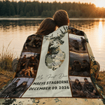Couverture douce camouflage personnalisée avec collage de photos de chasse et silhouette de cerf, avec titre et prénom – Cadeau d'anniversaire pour papa chasseur, idéal pour les activités de plein air