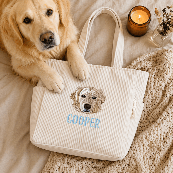Personalised Embroidery Design Large Capacity Corduroy Tote Bag with 1-3 Pet Face Photos and Names Daily Use Birthday Gift for Pet Owners