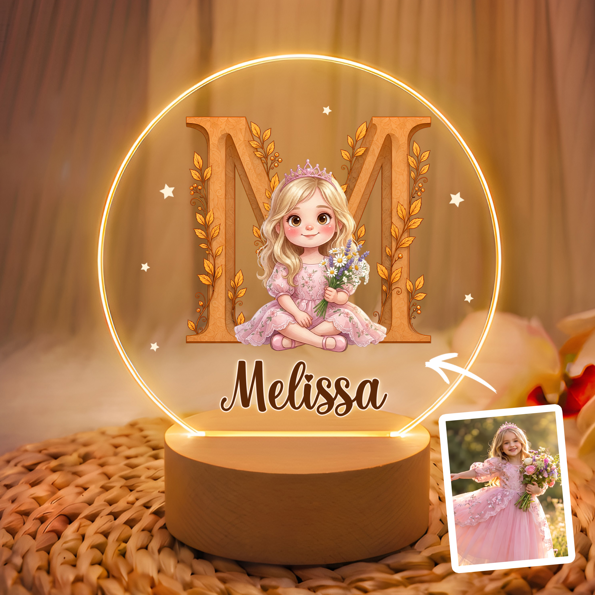 Individuell gestaltetes LED-Nachtlicht aus Acryl mit 3D-Effekt, Cartoon-Figur und Foto, mit Namen und Holzsockel – Raumdekoration und Geschenk für Kinder