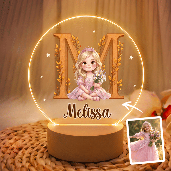 Lámpara nocturna LED acrílica con foto de un personaje de dibujos animados y efecto 3D personalizada, con nombre y base de madera; regalo decorativo para la habitación de los niños