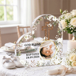Personalised Kid Baptism Photo Cross God Bless Flower Heart-Shaped Acrylic Plaque with Name and Date Home Decor Baptism Catholic Gift for Newborn