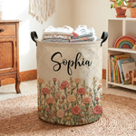Panier à linge personnalisé de grande capacité, style matelassé, avec fleur de naissance, prénom et poignées – Décoration pour chambre d'enfant – Cadeau d'anniversaire pour enfants