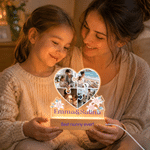 Veilleuse LED en acrylique personnalisée en forme de cœur fleuri avec collage de 4 photos, nom et socle – Cadeau d'anniversaire ou de Noël pour maman, enseignante ou nounou