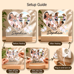 Veilleuse LED en acrylique personnalisée en forme de cœur fleuri avec collage de 4 photos, nom et socle – Cadeau d'anniversaire ou de Noël pour maman, enseignante ou nounou