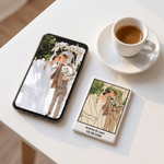 Iman de cerámica para la nevera con retrato personalizado de un personaje de dibujos animados a juego con la temática de la boda, con texto; regalo de aniversario de boda para los novios
