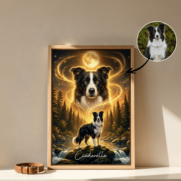 Gepersonaliseerde canvasafdrukken met foto’s van huisdieren onder een sterrenhemel en een betoverende maan, voorzien van naam – woondecoratie, verzonden vanuit de VS – herdenkingscadeau voor eigenaren