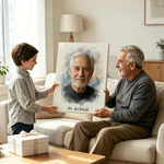 Lienzos fotográficos personalizados con retratos al estilo acuarela e inscripción Regalo de inauguración de casa o de cumpleaños para familiares